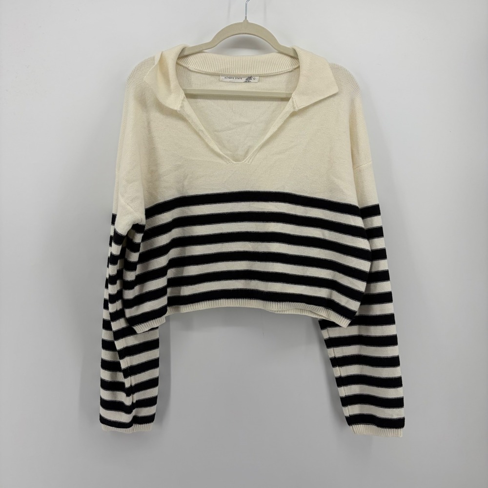 Altar'd State Womens Large Ivory Black Striped Cropped Polo Sweater BSW2598-24